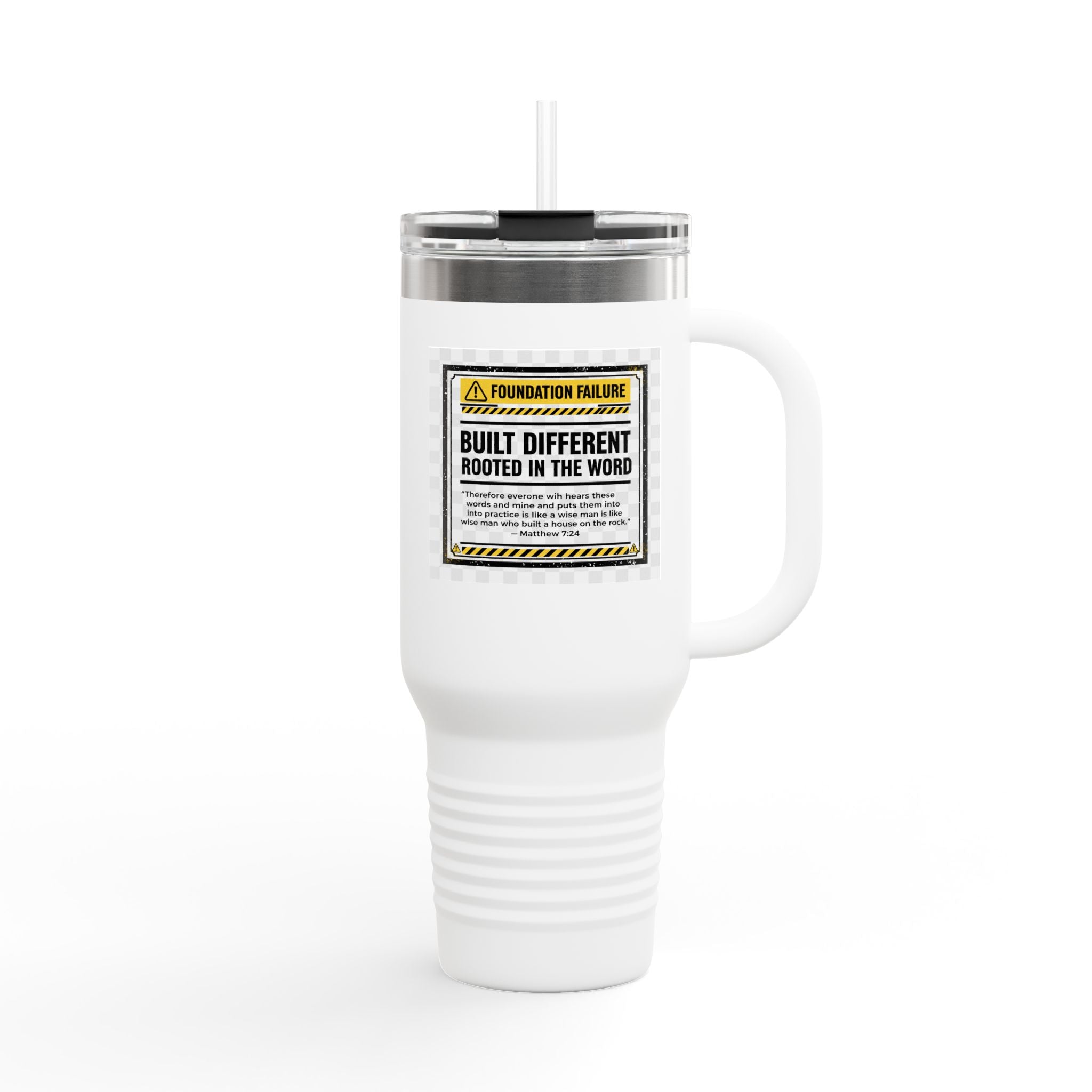 40oz Insulated Travel Mug — "Built Different" Construction Warning Graphic