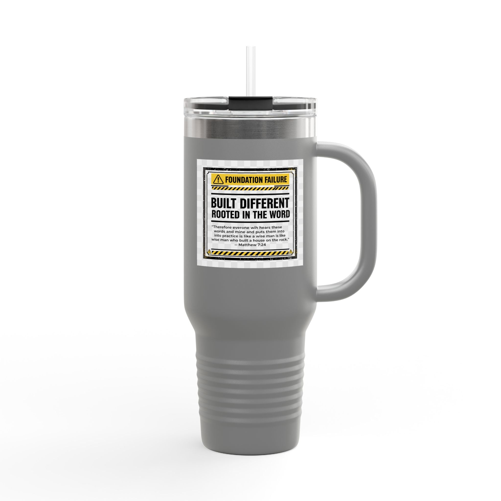 40oz Insulated Travel Mug — "Built Different" Construction Warning Graphic