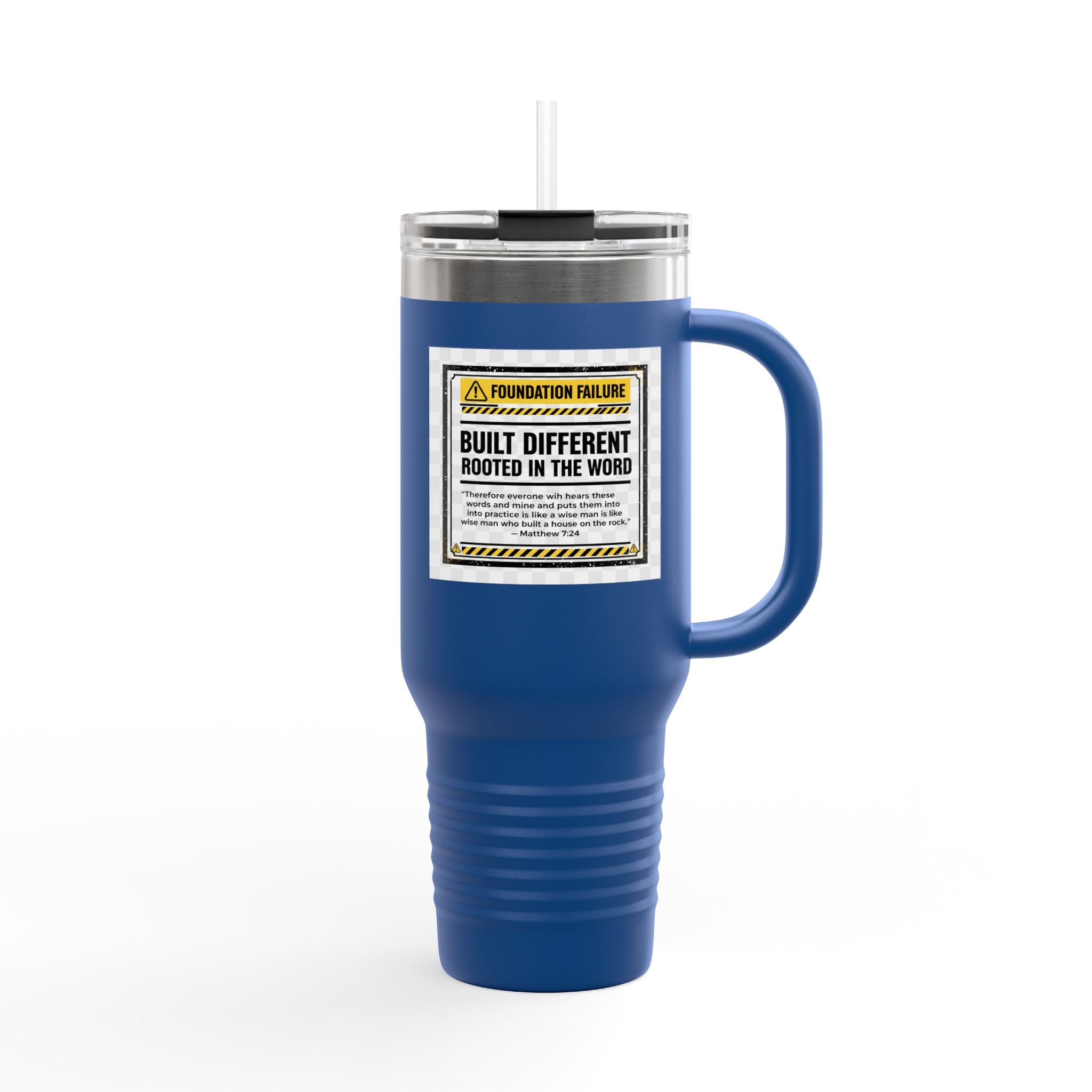 40oz Insulated Travel Mug — "Built Different" Construction Warning Graphic