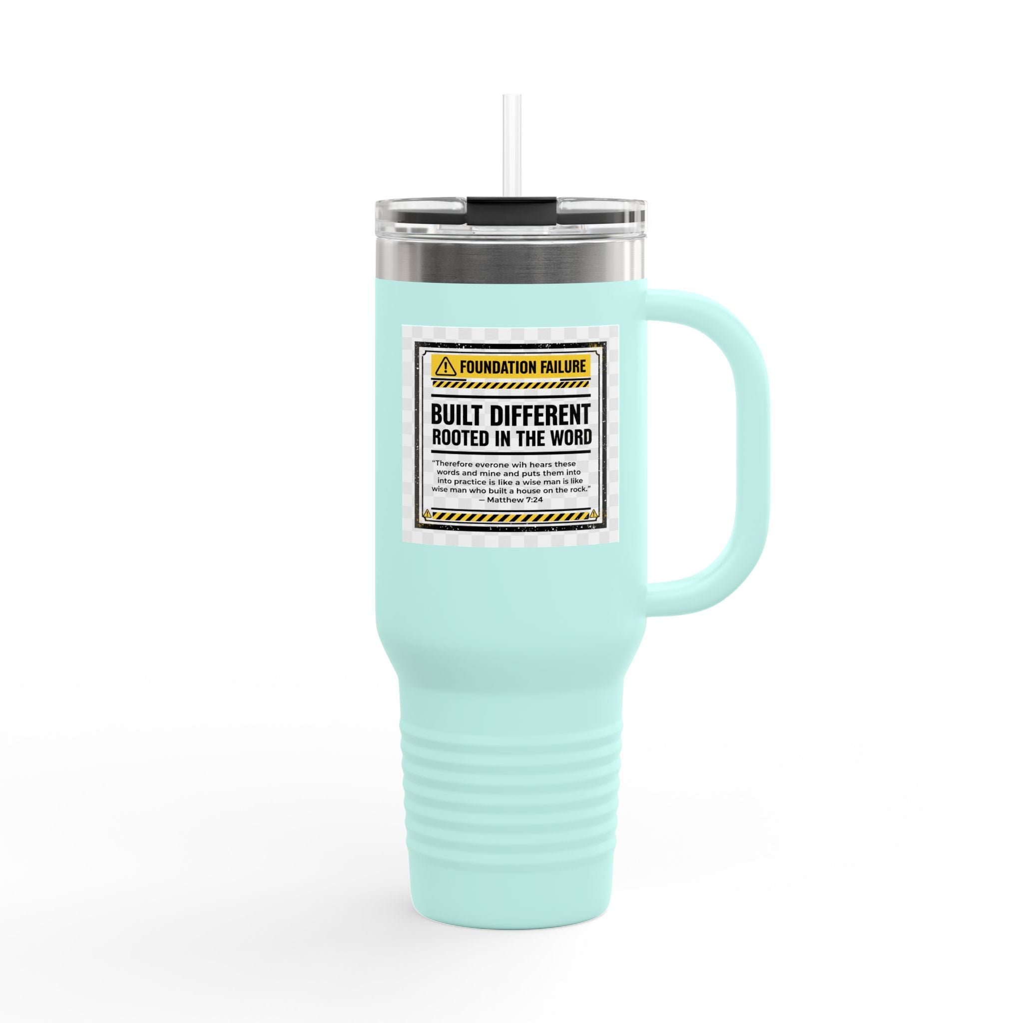 40oz Insulated Travel Mug — "Built Different" Construction Warning Graphic