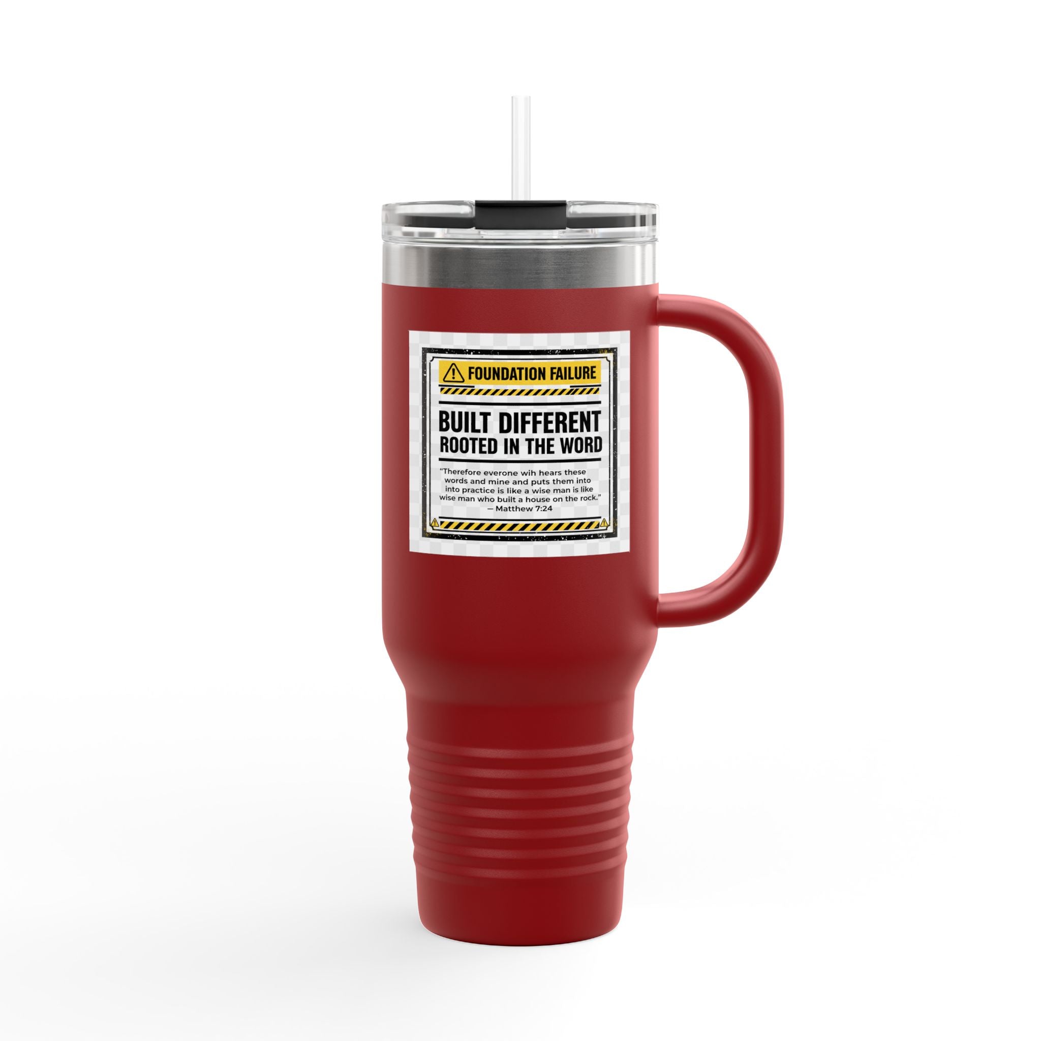 40oz Insulated Travel Mug — "Built Different" Construction Warning Graphic